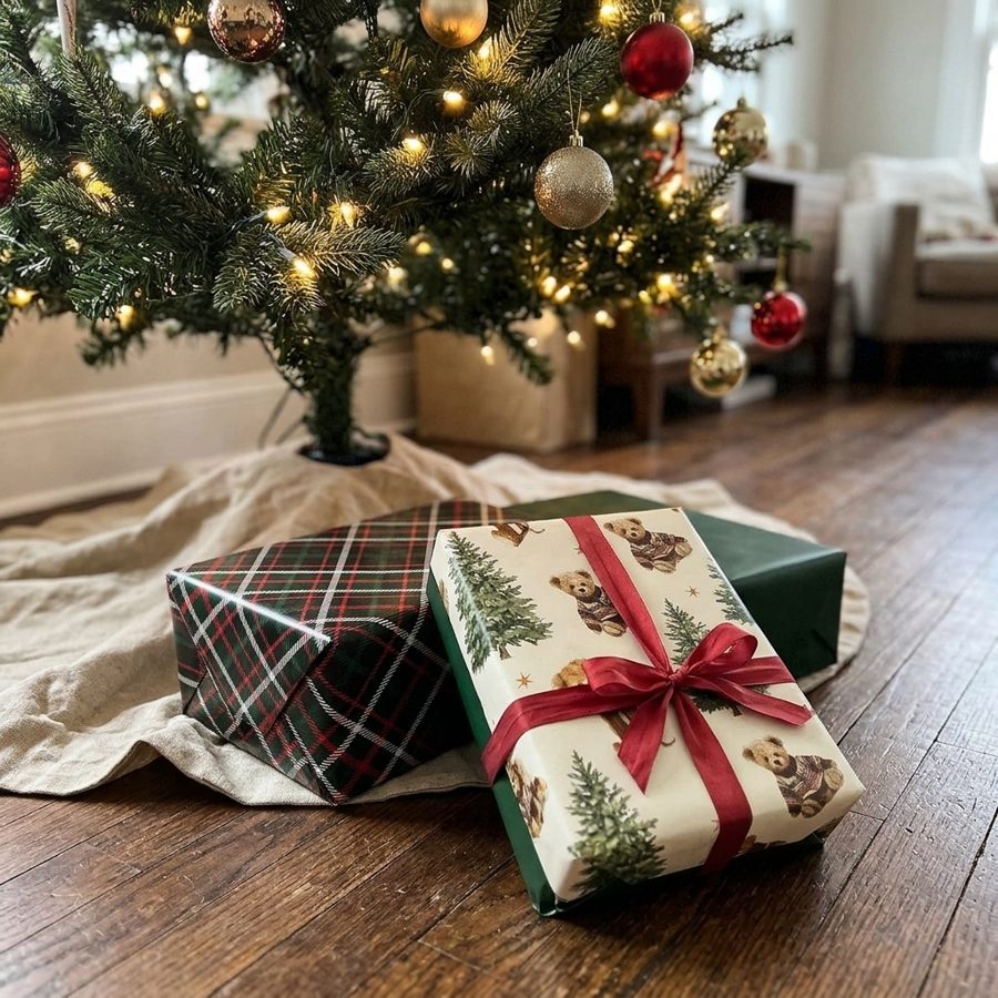 Reversible plaid and tree wrapping paper, wrapped and finished